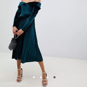 ASOS Design pleated velvet bardot midi dress